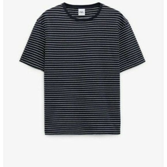 Zara MEN STRIPED ROUND NECK T-SHIRT NAVY/WHITE short s 90%cotton New - Picture 8 of 11
